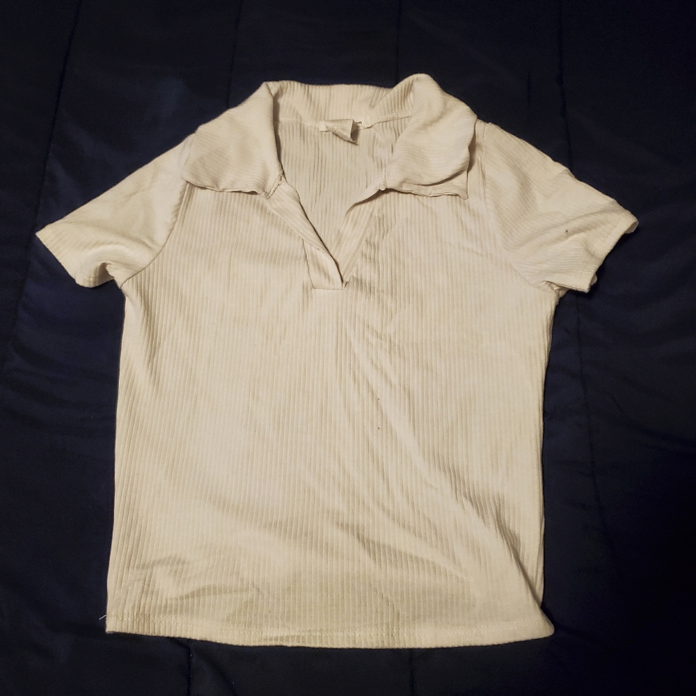 White Cropped Tee with Collar - Women's Size Medium